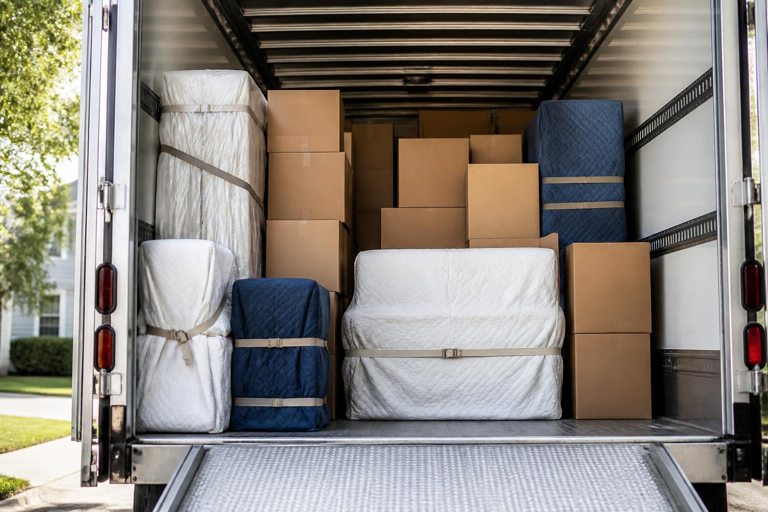A carefully loaded moving truck with padded and strapped furniture