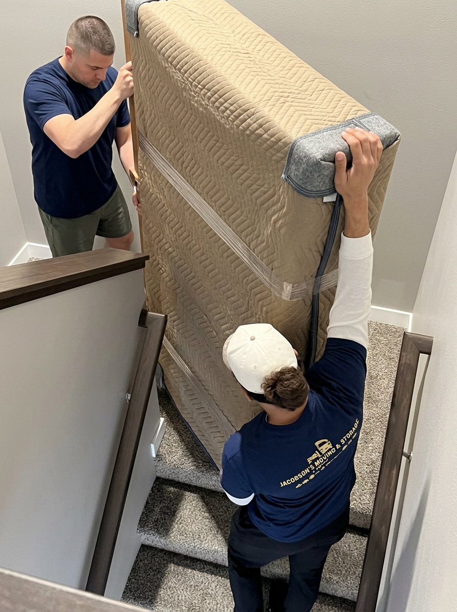 Jacobson's movers in matching navy shirts carrying a padded cabinet wrapped in a moving blanket down a staircase